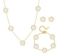 XIWCAFC Ensemble de Bijoux TrèFle à Quatre Feuilles pour Femme Fille Braceiet,Boucles d'Oreilles,Collier DéLicat Acier inoxydable Parure pour Cadeau d'Anniversaire Mariage (Blanc)