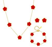 XIWCAFC Ensemble de Bijoux TrèFle à Quatre Feuilles pour Femme Fille Braceiet,Boucles d'Oreilles,Collier DéLicat Acier inoxydable Parure pour Cadeau d'Anniversaire Mariage (Rouge)