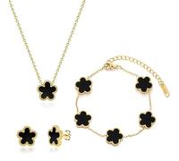 XIWCAFC Parure de bijoux trèfle à quatre feuilles pour femme et fille - En acier inoxydable plaqué or rose 18 carats - Double face - Blanc et noir - Avec pendentif, collier, boucles d'oreilles