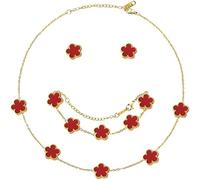 XIWCAFC Parure Ensemble de Bijoux Femme Trèfle à Quatre Collier Boucles d'oreilles Bracelet 18K Plaqué Or Acier Inoxydable Bijoux Ensemble,Cadeaux de Bijoux pour Mère Fille (Rouge)