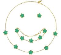 XIWCAFC Parure Ensemble de Bijoux Femme Trèfle à Quatre Collier Boucles d'oreilles Bracelet 18K Plaqué Or Acier Inoxydable Bijoux Ensemble,Cadeaux de Bijoux pour Mère Fille (Vert)