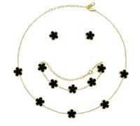 XIWCAFC Parure Ensemble de Bijoux Femme Trèfle à Quatre Collier Boucles d'oreilles Bracelet 18K Plaqué Or Acier Inoxydable Bijoux Ensemble,Cadeaux de Bijoux pour Mère Fille (Noir)