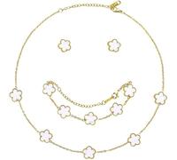 XIWCAFC Parure Ensemble de Bijoux Femme Trèfle à Quatre Collier Boucles d'oreilles Bracelet 18K Plaqué Or Acier Inoxydable Bijoux Ensemble,Cadeaux de Bijoux pour Mère Fille (Blanc)