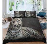 XIWEIER Parure de Lit 3 Pièces Tigre Blanc aux Yeux Bleus Housse de Couette 200x200 Enfant 2 Personnes 3D Motif avec Fermeture Éclair Hypoallergique Microfibre avec 2 Taies d'oreiller 50x75 cm