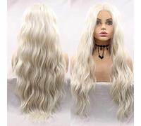 Xiweiya 60# Perruque blonde longue ondulée avec dentelle frontale naturelle Blond platine 33 x 7,6 cm Résistant à la chaleur Cheveux doux pour femme