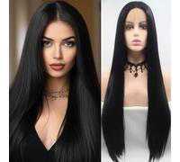 Xiweiya Long Noir Perruque cheveux synthétiques raides Noir Lace Front Perruques droite résistant à la chaleur Fibre pour femme, fille Drag Queen