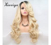 Xiweiya longs cheveux raides Naturel Blond Perruque lace front ombré Blond synthétiques Perruques Lace Front pour femme côté supplémentaire résistant à la chaleur Coupe sirène Fille Maquillage