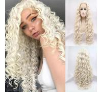 xiweiya Perruque blonde platine bouclée longue ondulée naturelle blonde synthétique avec dentelle frontale résistante à la chaleur densité de 180 % pour femme, 66 cm