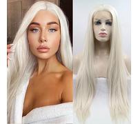 Xiweiya Perruque cheveux longs droits et soyeux Blond blanc synthétique Perruque lace-front Raie au milieu Résistante à la chaleur Cheveux Naturels Perruque Cosplay