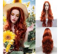 Xiweiya - Perruque complète pour femme - Invisible - Long cheveux ondulés - Rouge/brun - Perruque sans colle - Résistante à la chaleur