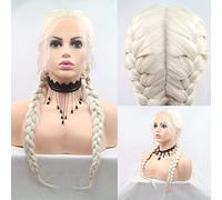 xiweiya Perruque double tressée blonde blanche avec 2 tresses torsadées, 100 % crochet à la main, perruque synthétique avec dentelle frontale avec cheveux de bébé résistant à la chaleur (tissage à la
