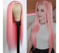 Xiweiya Perruque en dentelle synthétique rose tendance avec partie en U - Longue et raide - Résistante à la chaleur - Pour femme - 61 cm
