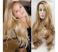 Xiweiya Perruque lace front pour femme Cheveux synthétiques ondulés longs Aspect naturel Fibres résistantes à la chaleur Raie sur le côté Blond/châtain