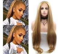 Xiweiya Perruque longue blonde dorée pour femme avec dentelle frontale - Ligne de cheveux naturelle - Perruque synthétique marron avec dentelle frontale pour femme - Coupe de cheveux sirène