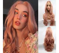Xiweiya Perruque longue ondulée rose pêche synthétique rose pastel avec dentelle frontale - Ligne de cheveux naturelle douce et résistante à la chaleur - Densité de 150 % - Pour femme - 61 cm