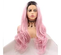 Xiweiya Perruque rose avec racines foncées synthétique pour femme avec dentelle frontale en fibre résistante à la chaleur