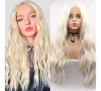 Xiweiya Perruque synthétique longue ondulée avec dentelle frontale et raie au milieu pour femme, blond platine, 66 cm, 33 x 7,6 cm