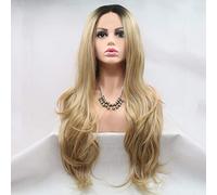 Xiweiya Perruque synthétique longue ondulée blonde brune, 30,5 x 2,5 cm, raie au milieu pour femme, cheveux châtain doré, fibre résistante à la chaleur, moitié attachée à la main, usage quotidien, 61