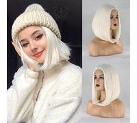 Xiweiya Perruques de 35,6 cm blond cendré synthétique avec dentelle frontale pour femme, cheveux blonds courts et raides résistants à la chaleur
