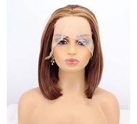 Xiweiya Perruques de 35,6 cm - Cheveux raides et courts - Cheveux blonds - Cheveux synthétiques avec dentelle frontale - Couleur marron café mélangé - Fibre résistante à la chaleur pour femme - Drag