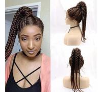 Xiweiya Perruques de 55,9 cm faites à la main marron 8 briad perruques tressées perruque synthétique avec dentelle frontale haute queue de cheval tresses perruque avec cheveux de bébé léger perruque