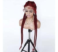 Xiweiya Perruques de 91,4 cm de long, rouge foncé, perruque synthétique avec dentelle frontale rouge avec cheveux de bébé, tressés à la main, perruque tressée à la main