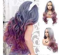 Xiweiya Perruques en dentelle synthétique de 33 x 7,6 cm, gris argenté mélangé bleu, ombré rose violet, perruque longue ondulée violet cendré pour femme, fibre résistante à la chaleur, perruque