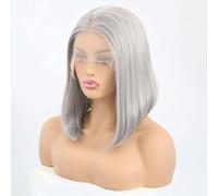 Xiweiya Perruques synthétiques courtes et raides gris argenté avec dentelle frontale pour femme, blond platine, fibre résistante à la chaleur, raie au milieu..