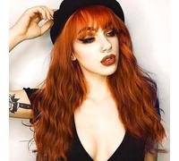 Xiweiya Perruques synthétiques ondulées oranges rouges avec frange aspect naturel brun rougeâtre, fibre résistante à la chaleur, sans colle, bouclée, perruque complète faite à la machine, perruques