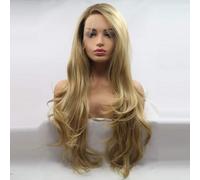 Xiweiya résistant à la chaleur Fibre Cheveux longs ondulés ombré Blond clair avec racines Marron Ombre synthétique Lace Front Perruques Cheveux longs ondulés pour femme Perruques côté Parting