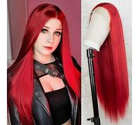 Xiweya Perruque Lace Front pour Femme, Cheveux Lisses Longs et Soyeux - Rouge - Résistantes À La Chaleur - Perruque Lace Front en Cheveux Synthétiques Longs et Doux - pour Cosplay