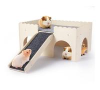 Xixihop Cachette pour cochon d'Inde avec plate-forme et escaliers, château en bois à 2 étages pour lapin, chinchilla, rat et hamster