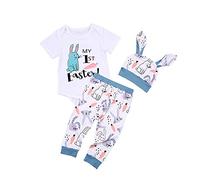 XIXIMAON 3 pièces nouveau-né vêtements d'été tenues de Pâques Ma première Pâques lapin barboteuse rayé pantalon leggings lapin chapeau ensemble, bleu, 12-18 mois