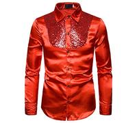 XIXIMAON Chemise à Paillettes Brillante Homme Chemise Boutonnée Slim à Manches Longues Haut Tops pour Disco Mariage Soirée Party Dancing Cosplay (Rouge, L)