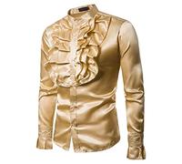 XIXIMAON Chemise à Volants Homme Slim Fit Chemise Médiévale Gothique Vintage Chemise Boutonnée à Manches Longues et Col Montant (Doré, XL)