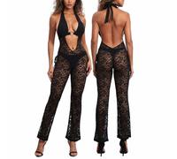 XIXIMAON Combinaison Femme Dos Nu sans Manches Col en V Jumpsuit Pantalon Transparente en Dentelle Sexy Clubwear (Noir, XL)