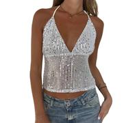 XIXIMAON Débardeur à Paillettes Femme Haut Sexy Dos Nu à Col V Halter Neck Tank Top à Sequins sans Manches Camisole Eté Tenue de Fête Soirée Disco Festival Club Y2K Streetwear (Argenté, S)