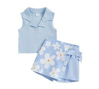 XIXIMAON Ensemble Bébé Fille Shorts Tee Shirt à Manches Courtes à Volants 2 Pièces Vêtements d'Eté Nouveau-né Fille 6 Mois - 4 Ans (Bleu Fleuri, 4-5 Years)