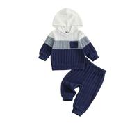 XIXIMAON Ensemble Bébé Garçon 2 Pièces Vêtement Hiver Chaud Pull Tricoté Sweat-Shirt Rayé à Manches Lounges + Pantalon Couleur Contrasté à Taille Elastique (Bleu Contraste des couleurs, 6-12 Months)