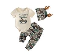 XIXIMAON Ensemble Bébé Garçon Eté 3Pcs Vêtements de Chasse Body à Manches Courtes + Pantalon Camouflage + Bonnet à Cornes de Cerf Tenues (Kaki, 6-12 Months)