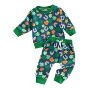 XIXIMAON Ensemble de survêtement 2 pièces vert pour bébé garçon et fille, motif trèfle, arc-en-ciel, sweat-shirt à manches longues, haut et pantalon, ensemble de jogging pour tout-petits, Vert, 18-24
