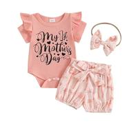 XIXIMAON Ensemble de Vêtements Bébé Fille Eté Body à Volant à Manches Courtes et Shorts + Bandeau 3 Pièces Tenues d'été (Rose Lettre, 0-3 Mois)