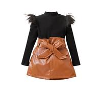 XIXIMAON Ensemble de Vêtements Bébé Fille Pull Col Montant à Manches Longues et Jupe Trapèze en Cuir 2Pcs Tenue Automne et Hiver Chic Enfant 1-5 Ans (Brun, 3-4 Years)