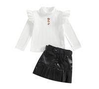 XIXIMAON Ensemble de Vêtements Bébé Fille Pull Col Montant à Manches Longues et Jupe Trapèze en Cuir 2Pcs Tenue Automne et Hiver Chic Enfant 1-5 Ans (C-Blanc, 2-3 Ans)