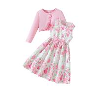 XIXIMAON Ensemble Robe et Cardigan pour Bébé Fille Robe Fleuri sans Manches Veste Manteaux à Manches Longues Tenues de Vêtements Automne Hiver (Rose avec Nœud Papillon, 3-4 Ans)