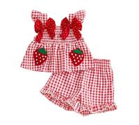 XIXIMAON Ensemble Tenue d'été Bébé Fille Haut Manches à Volants Brodé de Fraises avec Nœud + Short à Carreaux Taille Elastique