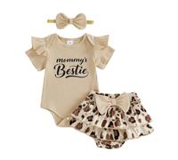 XIXIMAON Ensemble Vêtement Bébé Fille Eté 3 Pcs Body à Manches Courtes à Volant + Jupe Short Léopard à Taille Elastique Tenues (Kaki Mommy's Bestie, 0-3 Mois)