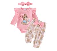 XIXIMAON Ensemble Vêtement Bébé Fille Naissance Koala Ours Barboteuse Manches Longues et Pantalon à Carreaux + Bandeau 3Pcs Tenue Automne Hiver (Rose, 6-9 Months)