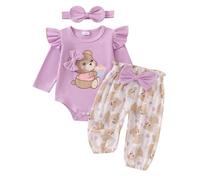 XIXIMAON Ensemble Vêtement Bébé Fille Naissance Koala Ours Barboteuse Manches Longues et Pantalon à Carreaux + Bandeau 3Pcs Tenue Automne Hiver (Violet, 9-12 Months)