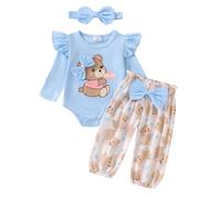 XIXIMAON Ensemble Vêtement Bébé Fille Naissance Koala Ours Barboteuse Manches Longues et Pantalon à Carreaux + Bandeau 3Pcs Tenue Automne Hiver (Bleu, 6-9 Months)